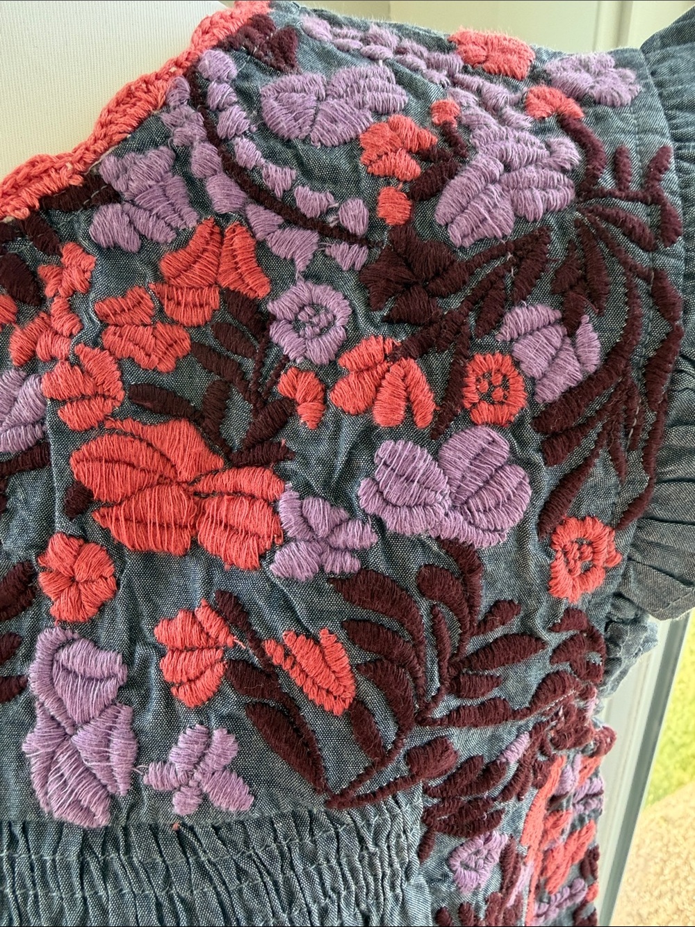 THML Chambray Flutter Sleeve Blouse with Pink & Purple Floral Embroidery - Picture 2 of 3